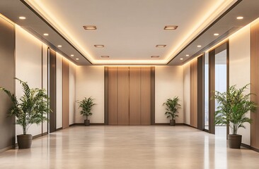 Fototapeta premium Modern minimalist elevator lobby with wooden doors, plants, and recessed lighting.