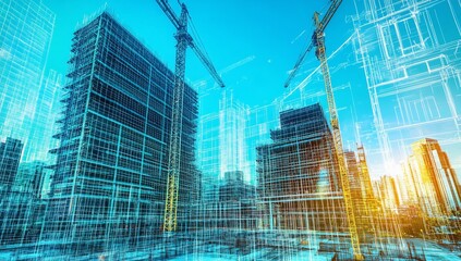 Construction site with cranes and building blueprints overlay.