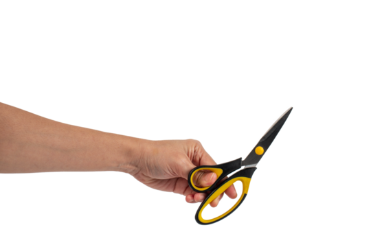 Office stationery scissors cutting in hand on transparent background