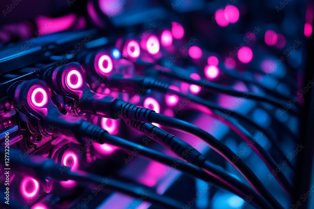 Poster close-up of illuminated data server cables and connectors in a technology center.