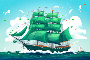A vibrant green sailing ship navigating through waves under a clear blue sky with distant land