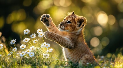 Obraz premium Lion cub playing with daisies, sunset, meadow