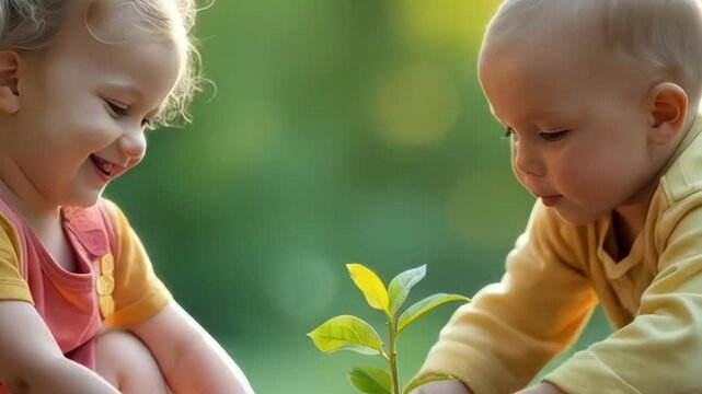 Two joyful toddlers planting a young sapling together in the garden. Toddlers playing in garden.