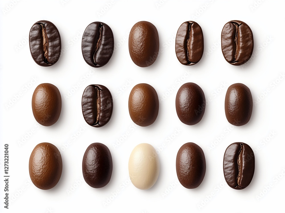 Wall mural Collection of roasted coffee beans with variations in color and roast level, isolated on white background.