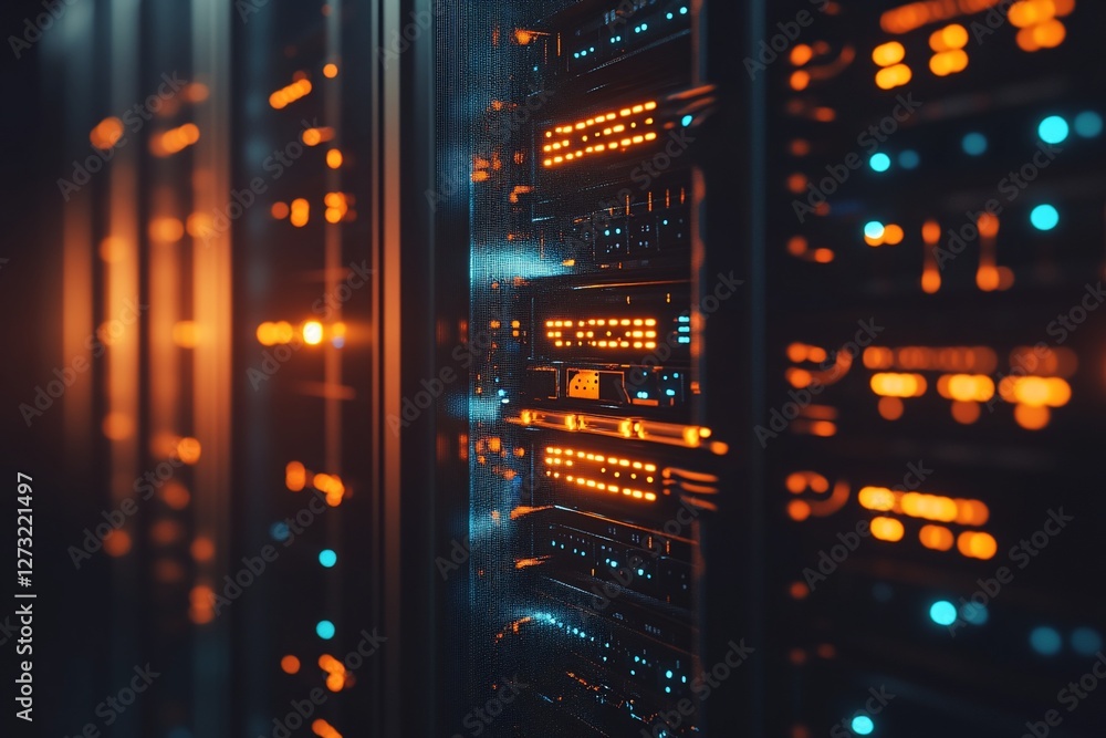Aufkleber close-up of illuminated server racks in a data center.