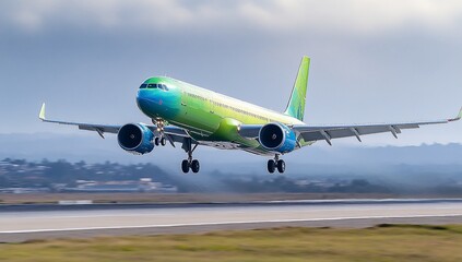 Obraz premium Airplane landing on runway, close-up view.