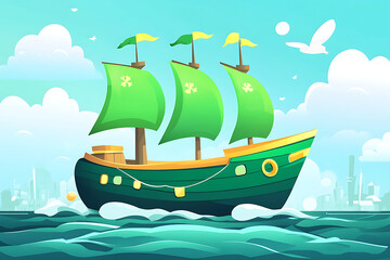 A vibrant green sailing ship with three sails gliding through a bright blue ocean, with a city skyline in the background and seagulls flying overhead