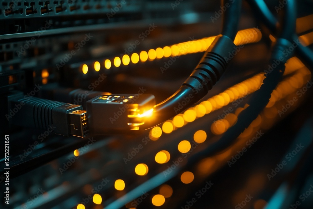 Poster close-up of illuminated network cable connected to server rack in dark server room.