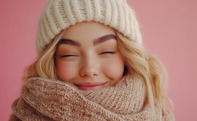 Portrait of a smiling woman in warm winter clothes on a pink background