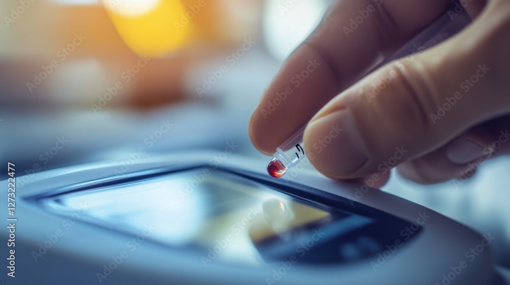 Wall mural a close-up of a hand using a glucose testing device with a blood droplet visible. featuring health a