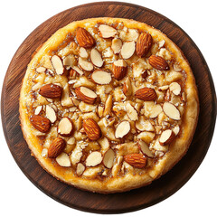 Top view of a delicious looking Bienenstich with almond topping on a dark wooden board isolated on a white transparent background