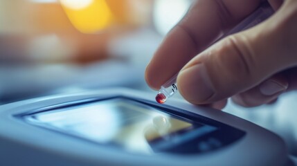 A close-up of a hand using a glucose testing device with a blood droplet visible. Featuring health awareness and precision