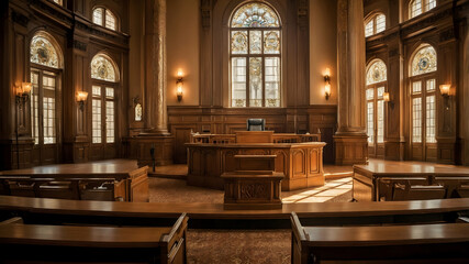 Grand courtroom interior; sunlight streams through stained-glass windows illuminating ornate wooden paneling, judge's bench, and seating.