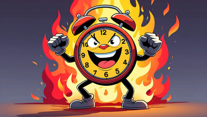 Obraz premium Cartoon Alarm Clock Character with Flames – Expressive and Lively Illustration of a Determined Clock in Motion, Roaring Fire Symbolizing Urgency and Countdown to the Last Few Ticking Seconds