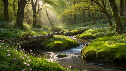 Fototapeta premium Serene stream flows through sun-dappled forest, lush green moss, wildflowers. Magical, peaceful nature scene.