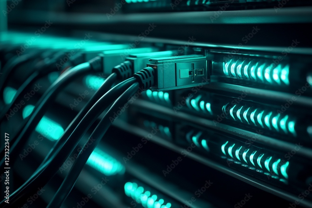 Poster close-up of network cables connected to a server rack with glowing lights.
