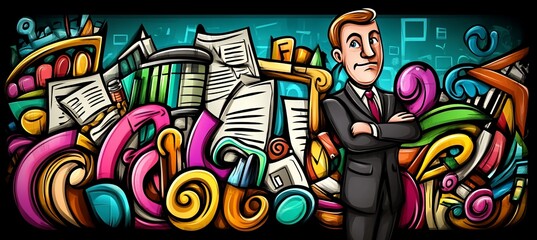 Fototapeta premium Confident businessman amidst colorful abstract art depicting business, music, and education.