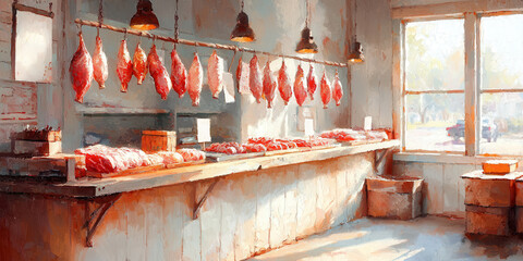 Oil painting of an artisanal butcher meat shop at fresh market. A rustic butcher shop with hanging meats, wooden counters, and warm sunlight streaming through large windows.