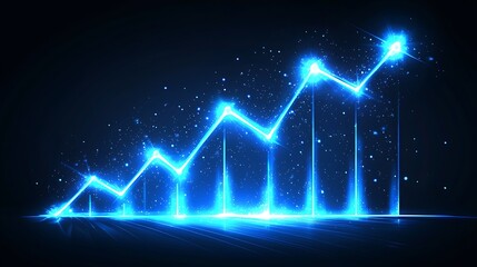 A geometric graph icon with ascending bars, glowing in neon blue, set against a dark background, with sharp spotlighting highlighting key data points, focused and dynamic feel