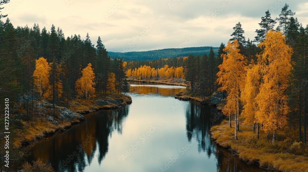 Poster calm river flows between colorful autumn trees under cloudy sky