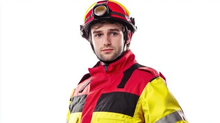 Fototapeta premium A paramedic in a red and yellow uniform, wearing a helmet and standing in readiness on a white background.