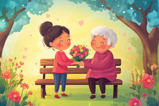 young girl presenting flowers to elderly woman on park bench, surrounded by vibrant greenery. world compliment day. concept of appreciation and kindness. greeting card, poster, cartoon illustration