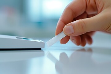 A close-up of a person inserting a glucose test strip into a sleek testing device. Featuring focus and routine