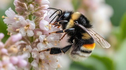 Close-Up of a Bumblebee Collecting Nectar from Sweet Flowers in Nature