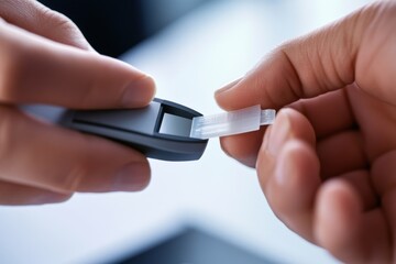 A close-up of a person inserting a glucose test strip into a sleek testing device. Featuring focus and routine