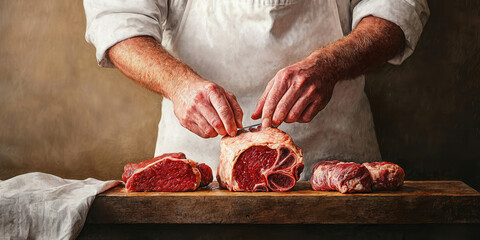 Oil painting of an artisanal butcher meat shop at fresh market. A chef prepares raw meat cuts on a wooden board, showcasing expert hands and fresh ingredients in a rustic kitchen setting.
