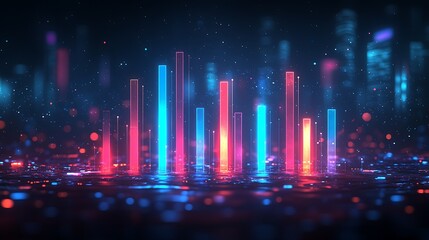 Obraz premium A geometric graph icon with ascending bars, glowing in neon blue, set against a dark background, with sharp spotlighting highlighting key data points, focused and dynamic feel