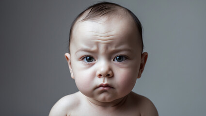 High-Contrast Formal Portrait of an Infant with Serious Expression – Capturing Intense Eyes and Prominent Features in Remarkable Detail 

copy space