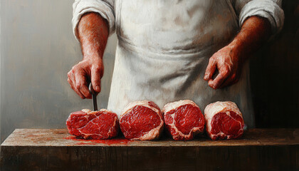 Oil painting of an artisanal butcher meat shop at fresh market. A butcher slices fresh cuts of meat on a wooden table, showcasing marbled steaks and a skilled hand in action.