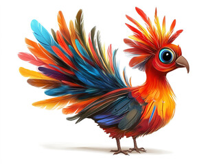 Fototapeta premium Playful cartoon turkey flaunting vivid, multi-colored feathers, isolated on a clean white background.