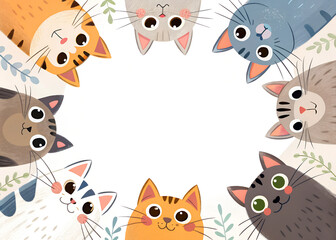 Obraz premium Colorful cartoon cats gather in a cheerful circle surrounded by leaves for a playful and friendly gathering during the bright afternoon