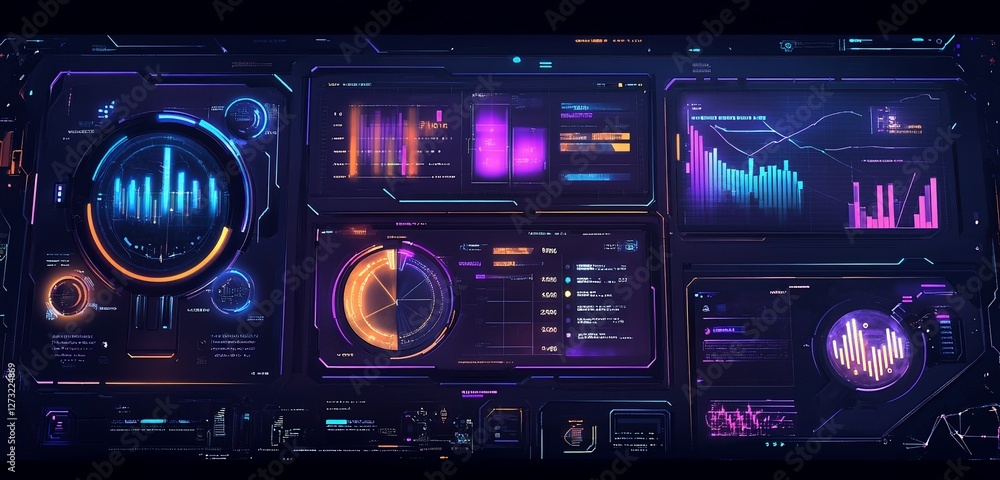 Aufkleber futuristic digital dashboard displays various charts, graphs, and data visualizations on a dark back