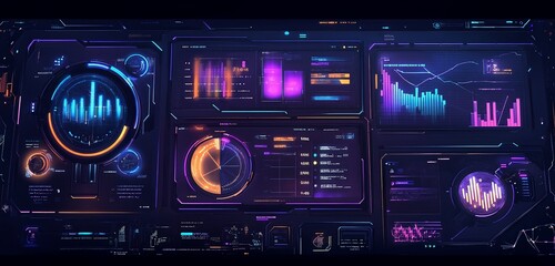 Fototapeta premium Futuristic digital dashboard displays various charts, graphs, and data visualizations on a dark background.