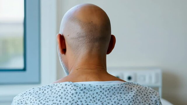A bald man with a white beard sits in a hospital room
