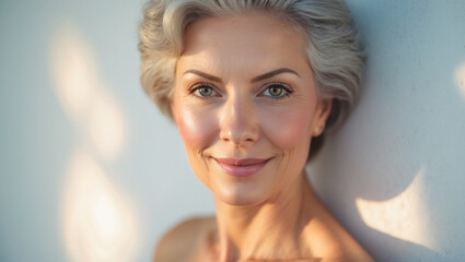 Naklejka premium Timeless Beauty of a 50s Woman with Radiant Skin and Makeup – Close-up Portrait of Healthy Skin and Styled Hair for Skincare and Cosmetologycopy space