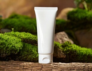 Minimalist white cosmetic tube standing on rustic wood, surrounded by lush green moss, representing organic skincare and eco-friendly beauty.