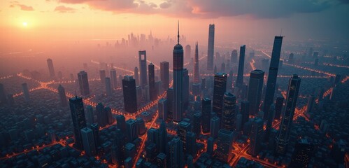 Obraz premium Stunning aerial view of a bustling city skyline at sunset, showcasing towering skyscrapers and vibrant street lights. Perfect for urban development and landscape themes.