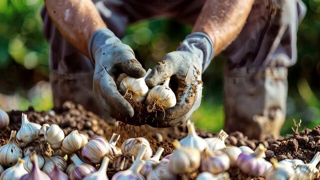 farmer harvests garlic close-up