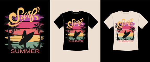 Graphic t shirt design, Surf lettering, Summer sunset, palms and surfing girl silhouette with surfboard. Colorful bright vector illustration for tee.