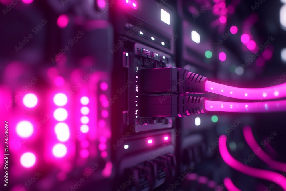 Aufkleber close-up of network cables connecting to a server rack in a data center with pink lighting.