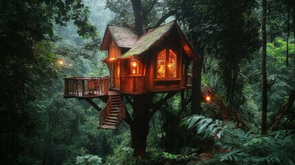 Naklejka premium A whimsical treehouse perched high in a dense forest, glowing softly with magical lights, surrounded by lush greenery and mystery