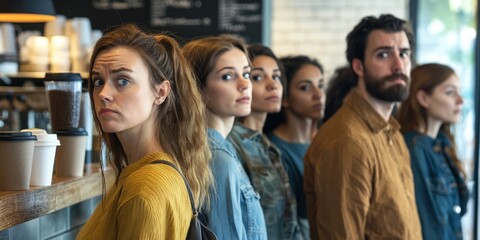 Obraz premium A person cutting in line at a coffee shop while others look annoyed