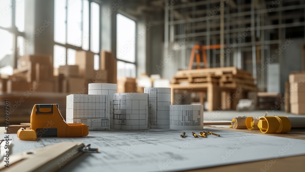 Poster architectural blueprints and construction tools on a table in an unfinished building.