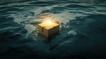 A world map illuminates the water beneath a solitary cardboard box, evoking themes of connection and fragility
