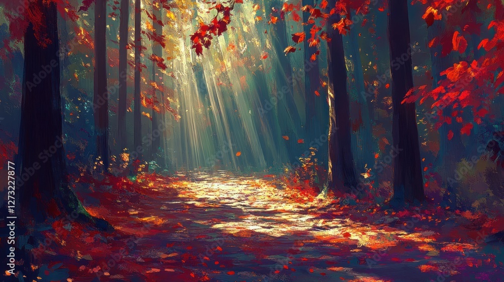 Poster sunlight streams through the forest on a colorful autumn day