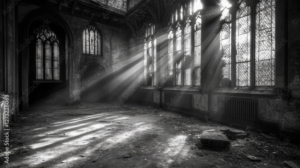 Aufkleber an abandoned building with dramatic light streaming through broken windows, creating a somber yet ca